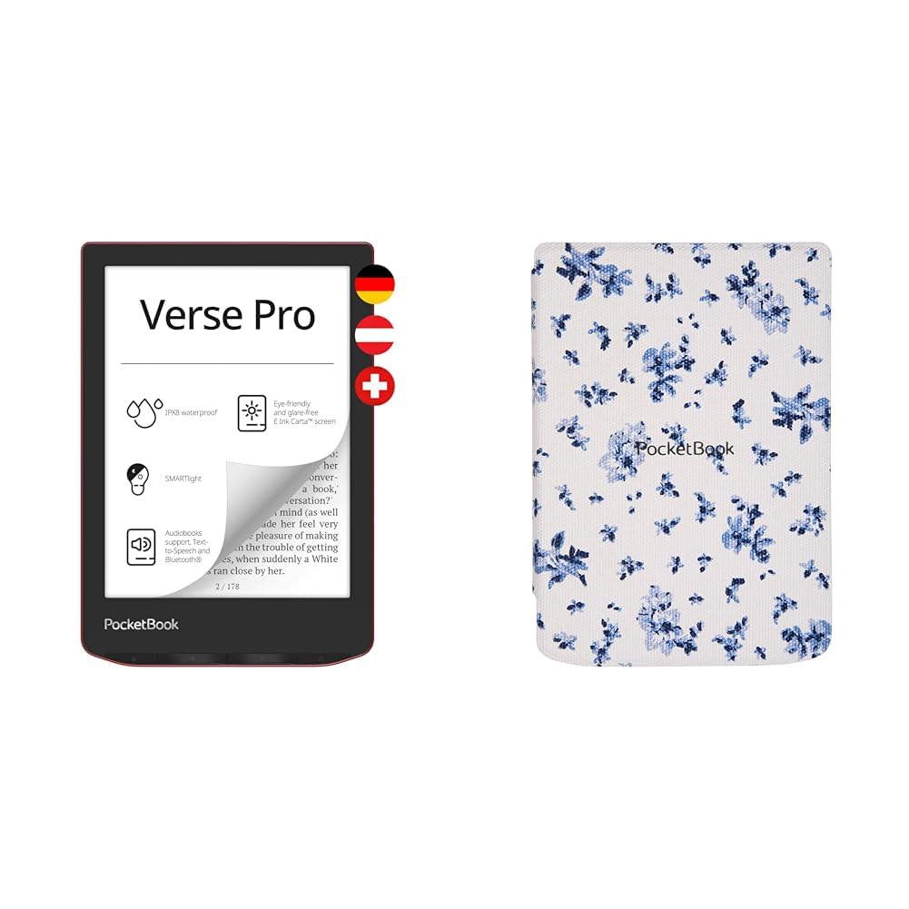 PocketBook e-Book Reader 'Verse Pro' (deutsche Version) 16 GB Speicher, IPX8, Bluetooth, 15,2 cm (6 Zoll) E-Ink Carta Display - Passion Red & Cover Shell für PocketBook Verse und Verse Pro - Flowers