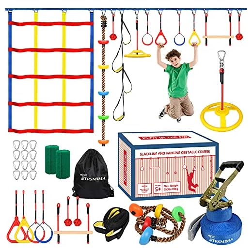 Trsmima Ninja Warrior Obstacle Course for Kids 60'Slackline Kit-Ninja Warrior Training Equipment for Adult with 11 Attachments Includes Climbing Rope,Webbing Ladder,Climbing Net and Spinning Wheel