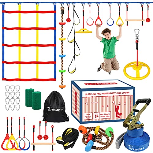 TT TRSMIMA Ninja Warrior Obstacle Course for Kids - 60' Ninja Slackline Kit -Backyard Ninja Warrior Training Equipment for Adult with 11 Attachments Includes Climbing Rope/Webbing Ladder