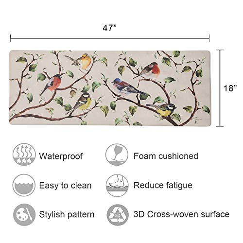 Farmhouse Kitchen Mats Cushioned Anti-Fatigue Comfort Mat for Home & Office Ergonomically Engineered Memory Foam Kitchen Rug Waterproof Non-Skid, 47\" by 18\",Birds