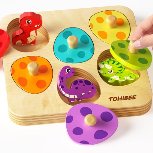 TOHIBEE Wooden Puzzles Montessori Toys for Toddlers 1-3, Dinosaur Eggs Peg Puzzles, Preschool Education Learning Toys for Boys and Girls, 6 Brightly Color Cute Dinosaur Shapes