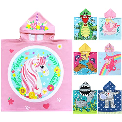Novforth Kids Beach Towel For Boys Girls, Hooded Bath Towel Wrap, Toddler Pool Towel With Hood (24"X24" (1-6 Years Kids), Blue Round Unicorn) #TOP10
