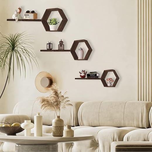 Online Decor Shoppee Floating Wall Mounted Set of 3 Hexagonal Shelves, Honeycomb Wall Shelf, 3 Hexagon with 3 Shelves for Living Room Bedroom etc. (Brown)