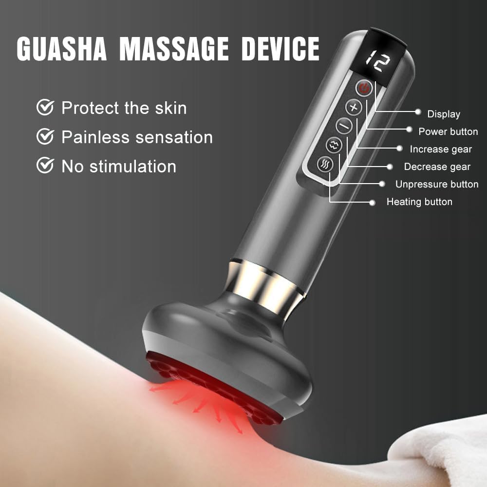Masajeador Eléctrico de Ventosas, Vacío Ventosas Masajeador con 12 Niveles de Aspiración y Luz Roja, Función de Temporización y Pantalla de Cristal Líquido para Reduce El Dolor Muscular
