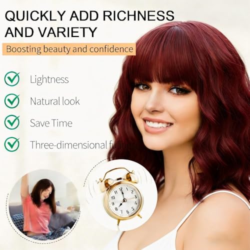 Image of Wine Red Short Wavy Wigs with Bangs Burgundy Wig Shoulder Length 14Inch Synthetic Hair for Women Girl Colorful Cosplay Wig Synthetic Heat Resistant Fiber Hair for Daily Party Halloween(118A#WineRed)