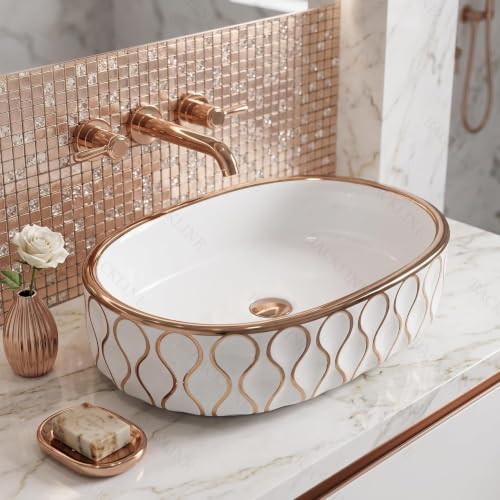 Image of Backline 20x13x5.5 Inches Table Top Wash basin | Basin for Bathroom | Countertop Bathroom Basin For Restaurant /Dining Hall /Living Room /Home (Rosegold White)(5 Years Glaze Warranty)