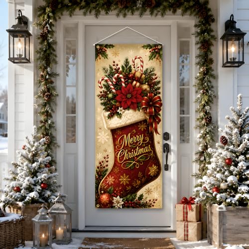 Image of Christmas Decorations - Merry Christmas Stocking Candy Cane Door Cover