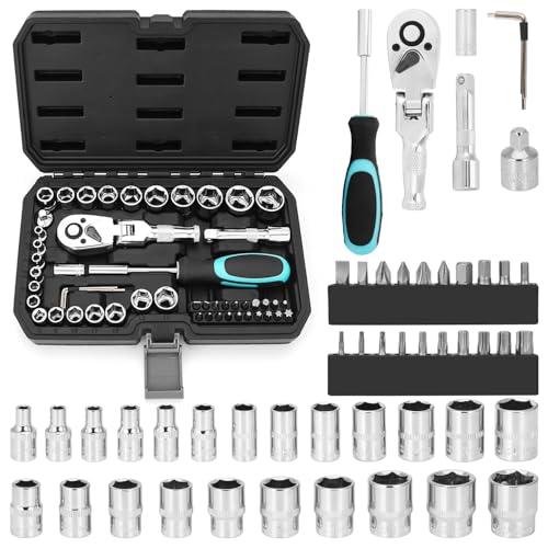 Wakuka 51PCS 1/4 & 3/8 Inch Drive Socket Set with Metric Socket Screwdriver Bit Set Quick-Release Ratchet Wrench and Extension Bar for Auto Repairing, With Thickened Storage Case