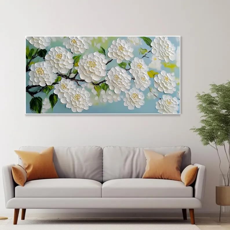 Grand tableau d'hortensia blanc fait main pour sublimer votre chambre