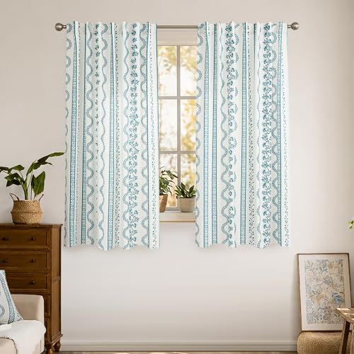 Teal Bohemian Floral Curtains for Living Room, Boho Linen Sheer