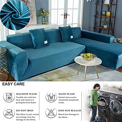 Housse de canapé d'angle bleu 2 places en velours extensible - 5