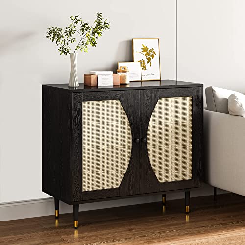 4 Ever Winner Sideboard Buffet Cabinet With Handmade Natural Rattan Doors, Accent Cabinet With Adjustable Shelves, Kitchen Buffet Cabinet Table For Kitchen, Living Dining Room, Entryway, Black #TOP6