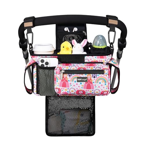 Image of TOPDesign Universal Baby Stroller Organizer, Stroller Caddy with Detachable Mesh Bag & Heightened Insulated Cup Holders & Non-Slip Secure Hooks Accessories, Fits Most Strollers (Pumpkin Princess)