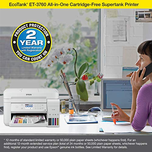 Epson EcoTank ET-3760 Wireless Color All-in-One Cartridge-Free Supertank Printer with Scanner, Copier and Ethernet, Regular - Image 6