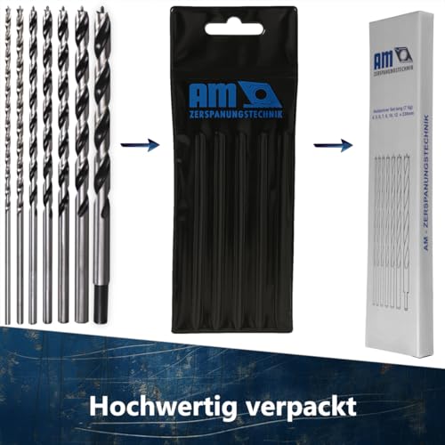 AM-Zerspanungstechnik Holzbohrer Set lang (7-teilig) | Schlangenbohrerset Ø4, 5, 6, 7, 8, 10, 12 x 230mm | Profi Bohrer Set für Holz | Holzspiralbohrer, lange Schalungsbohrer, Lochbohrer Holz
