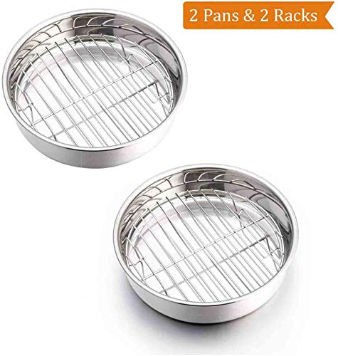 Teamfar 8 Inch Cake Pan And Rack Set Of 4, Stainless Steel Round Tier Cake Pans, For Baking Cooling Steaming, Fit In Oven, Pot, Pressure Cooker, Healthy & Mirror Finish, Dishwasher Safe #TOP1