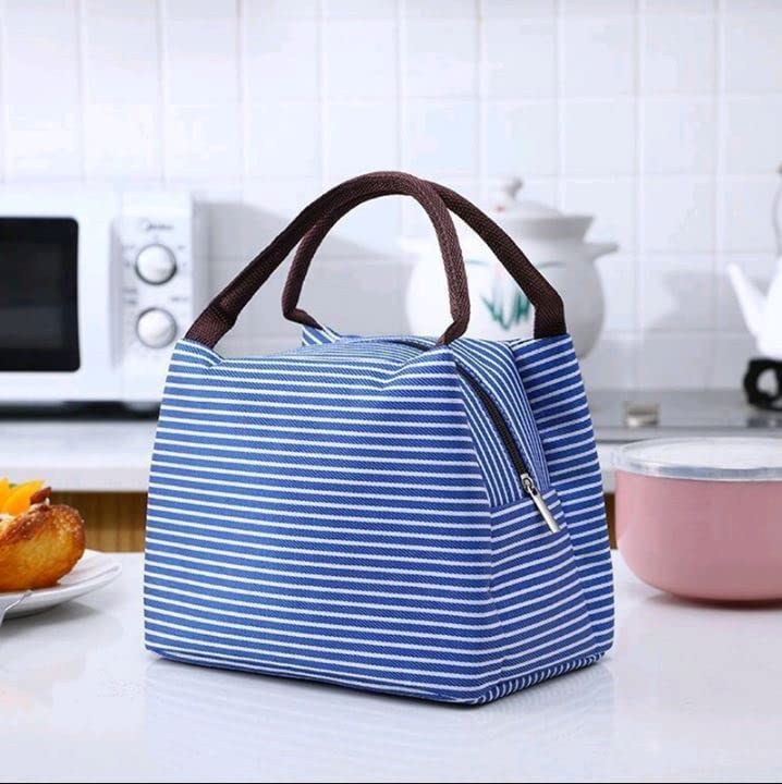 Image of Insulated Lunch Bag for Office, School, Men, Women, Hot & Cold Lunch Box, Tiffin Pouch (Blue Horizontal Strip Lunch Bag)
