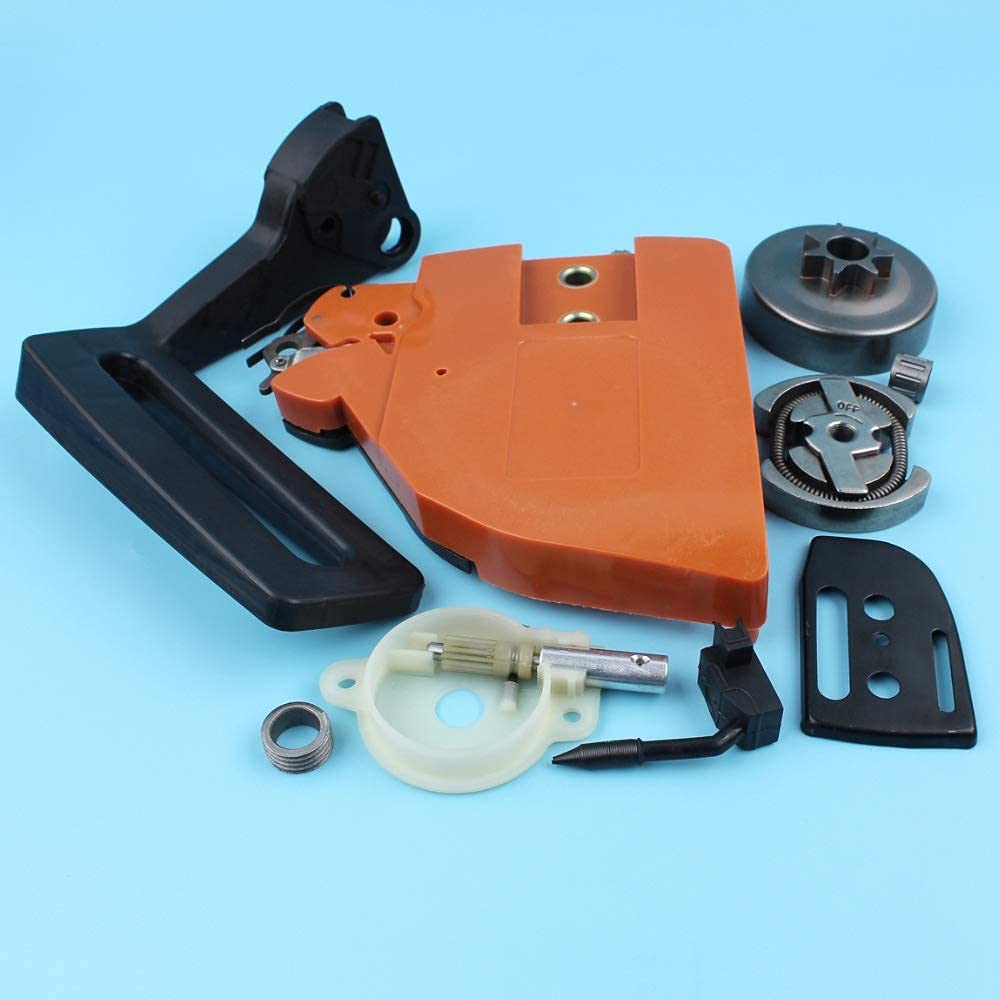 Kit de bomba de aceite de tambor de embrague de cubierta de piñón de freno de cadena compatible con Husqvarna 13613714142 Protector de manija de motosierra Placa de barra de engranaje helicoidal