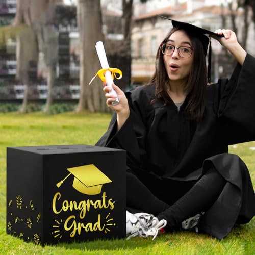 Image of Hooqict Graduation Card Box with Slot 9.1 inch Congrats Grad Black Gold Money Card Box for Class of 2026 Graduation Decorations Money Envelope Gifts Cards Holder Grad Party Supplies
