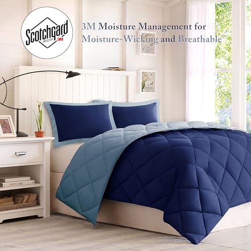 Image of Madison Park Comforter Set, Reversible Down Alternative All Season Microfiber Bedding, 3M Scotchgard Stain Release, King Dorm Comforter, Navy /Light Blue