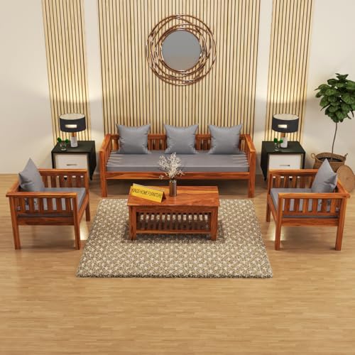 Image of Sheesham Wooden 5 Seater Sofa for Living Room | Rosewood 5 Seater Cushion Sofa Low Height | Solid Wood Sofa Set for Lounge (3+1+1,Honey)