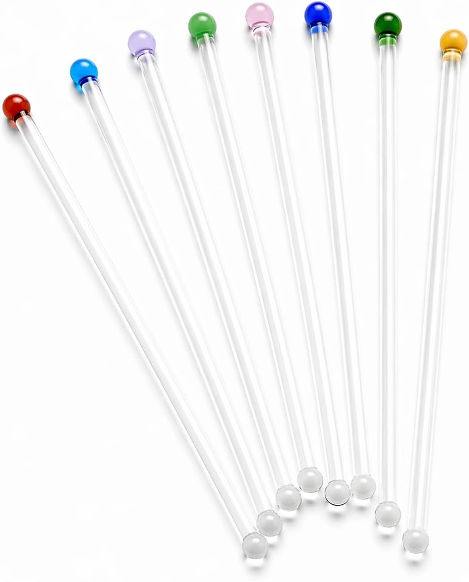 GET FRESH Glass Cocktail Stirrers Set – 8pcs Reusable Long Coloured Borosilicate Glass Swizzle Sticks for Cocktails and Drinks