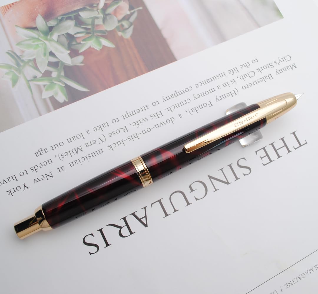 JINHAO Pióro wieczne z 10 tłoczeniami, chowane, metalowe pióro z konwerterem atramentu, stalówka F 0,5 mm, czerwone agat