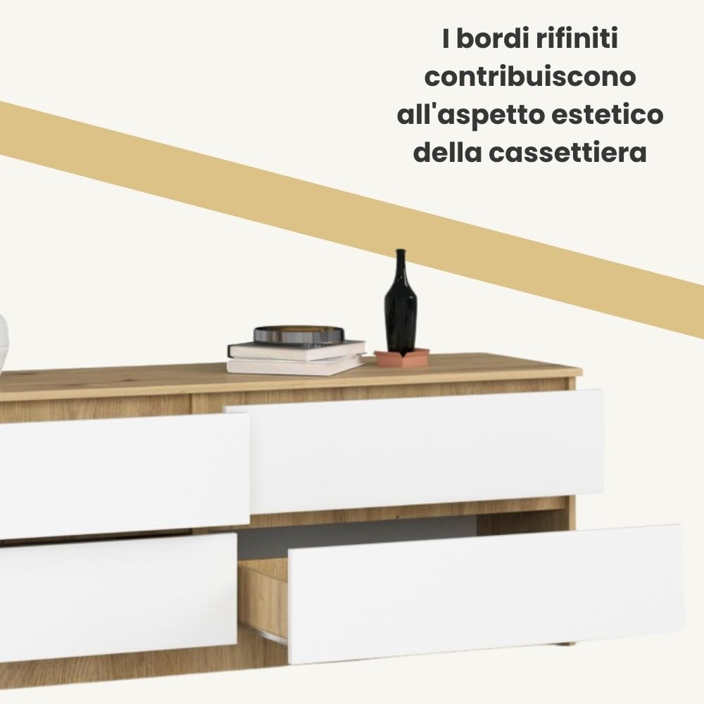 AKORD Cassettiera K 160 cm | 4 Cassetti | Moderna Mobiletto per il soggiorno Camera da letto Armadio Soggiorno Bagno | Salvaspazio | 160 x 55 x 40 cm | Handgemaakt Eik/Wit
