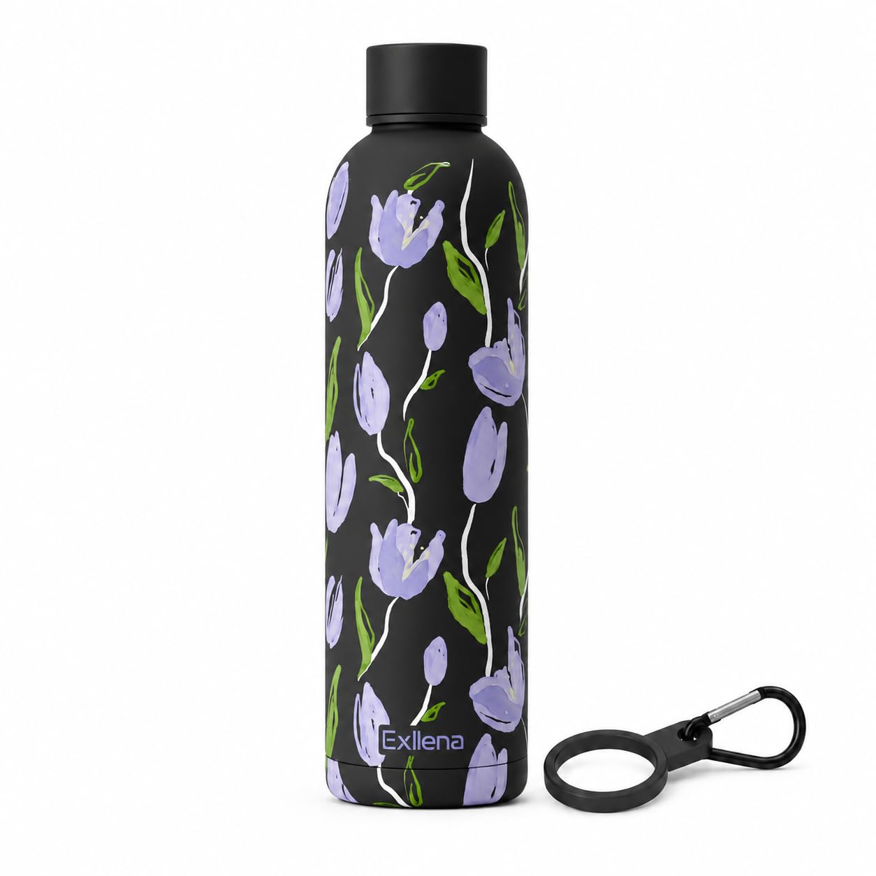 Exllena Insulated Water Bottles 750ml with Clip, Double Wall Vacuum Flask Keeps Drinks Cold 24 Hrs/Hot 12 Hrs, Stainless Steel Water Bottle BPA Free(Black Tulip)