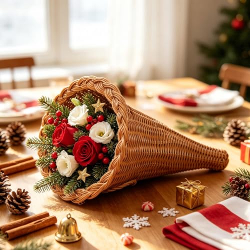 Lovskoo Rattan Cornucopia Basket 11" Fall Horn Of Plenty Woven Basket - image 6