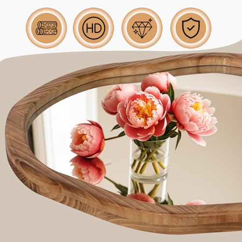 Ulike LGJZ1001-HS-24 Round Wood Mirror 24 Inch Circle Wall Mirror, Asymmetrical Bathroom Vanity Mirror With Wood Frame, Decorative Wall Mounted Mirror thumb #4