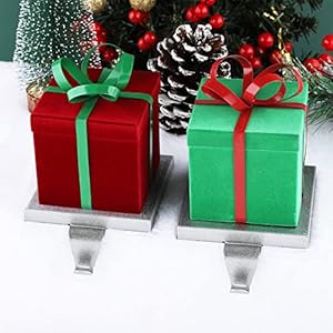 URATOT 2 Pack Christmas Stocking Holders Red and Green Metal Gift Box Stocking Hangers Mantel Stocking Hooks for Christmas Decoration