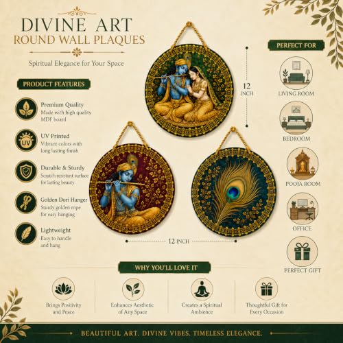 Image of DAKSHESTRY ARTWORKS Set of 3 Krishna Wall Hanging Decor | Radha Krishna & Peacock Feather Round MDF Wall Art | Hindu Spiritual Home Decoration for Living Room, Bedroom, Temple, Office (8X8 INCHES EACH)