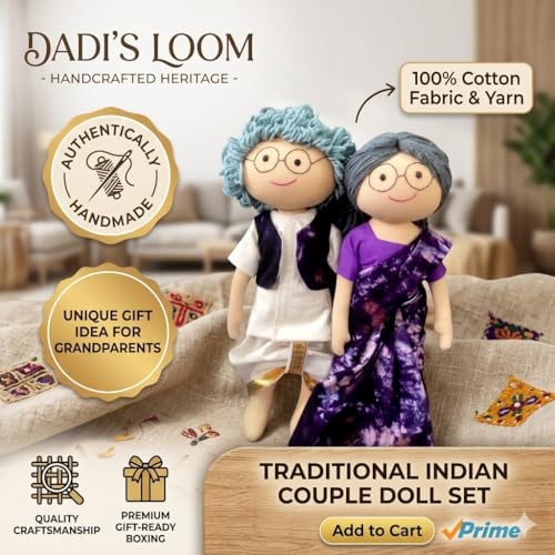 Image of Violet Grand Parents Handcrafted Indian Rag Doll Set, Soft Cotton Fabric & Yarn Hair Traditional South Indian Cloth Dolls, Handmade Fabric Dolls for Decor & Gift (Set of 2)