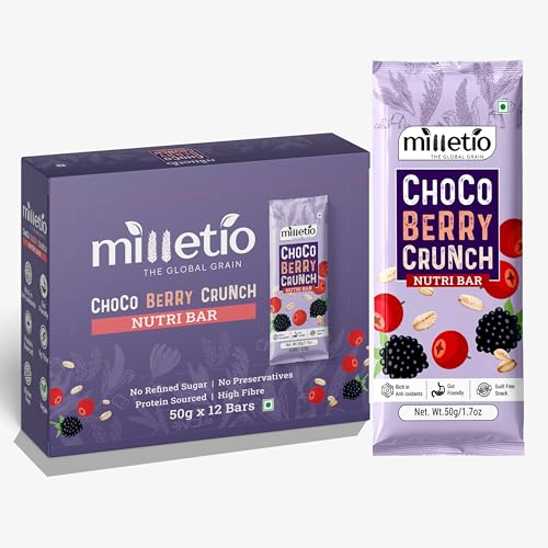 Image of Milletio Choco Berry Crunch Nutri Bar | Pack of 12 | Dates, Berries & Cocoa | 6.9g Protein | 5g Fibre | Gluten Free | No Refined Sugar | 12 x 50g