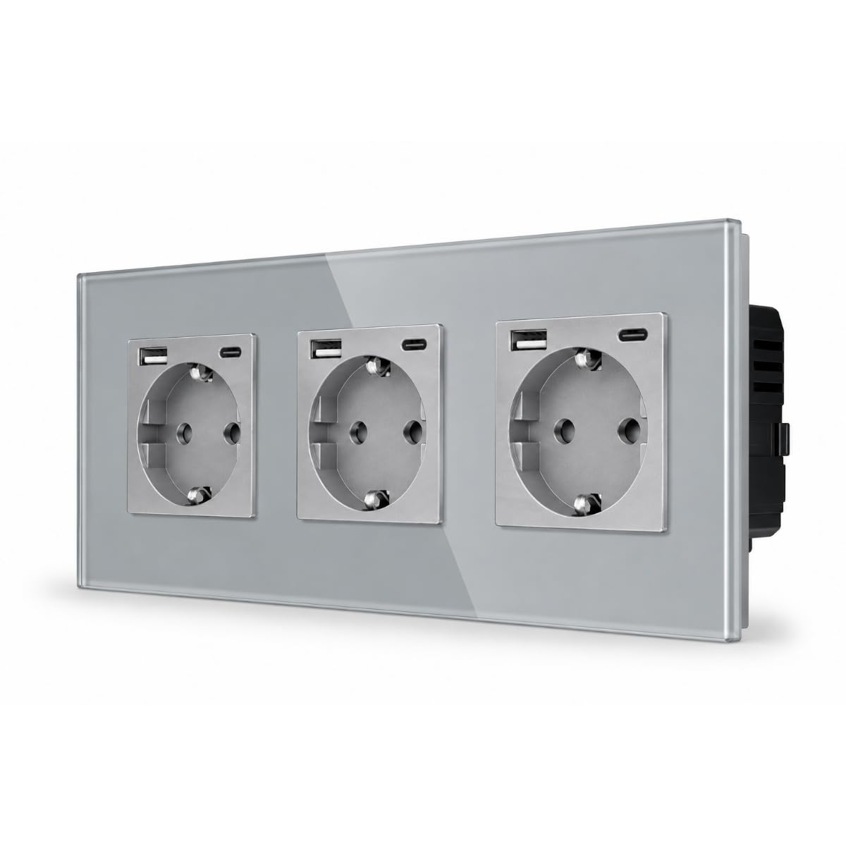 SmartinHouse - potrójne gniazdko - szare - USB A+C 12W - szkło kryształowe
