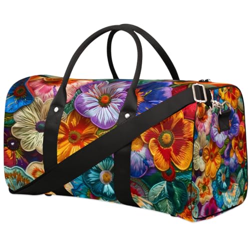 Travel Duffel Bag, Boho Ethnic Flower Floral Sports Tote Gym Bag Foldable Western Aztec Weekender Bag Carry on Luggage Handle Bag Overnight Shoulder Bag for Women Men,A-1094