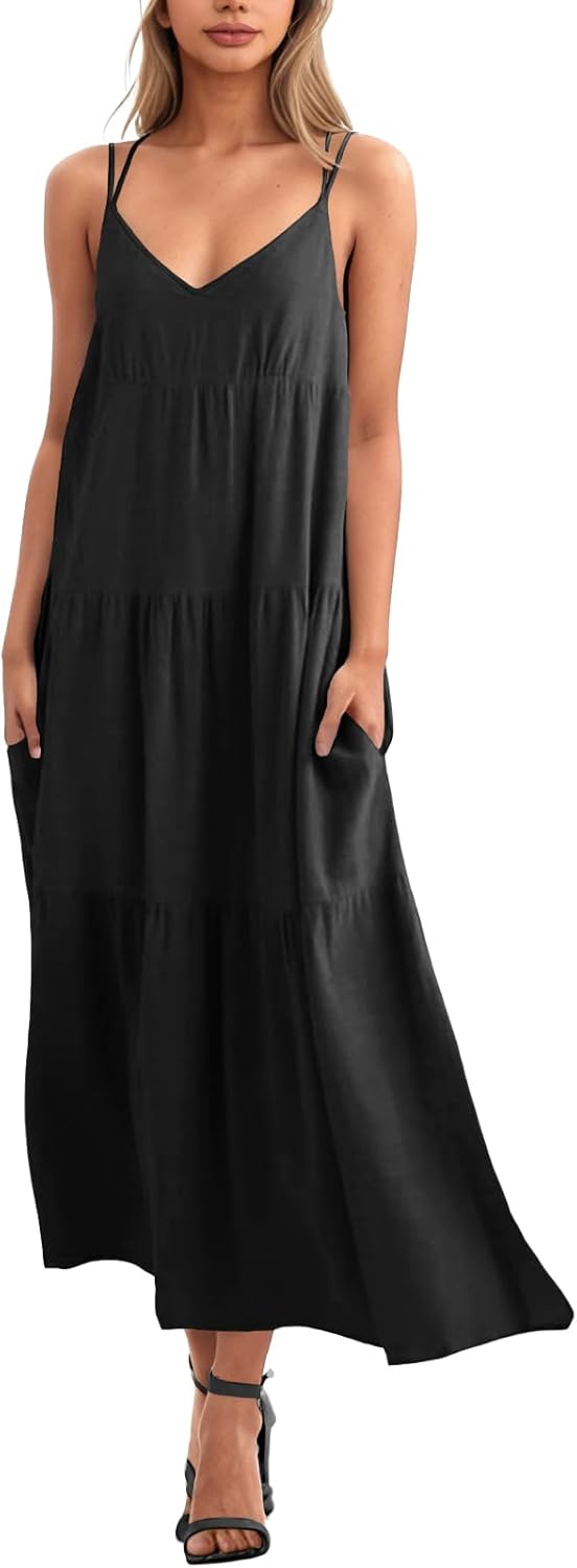 Febriajuce Women’s Summer Maxi Dress Casaul Spaghetti Straps Solid V-Neck Backless Cami Dresses with Two Pockets