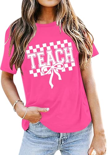 Back to School Shirt Teacher Shirts for Women 90s Teacher Outfits Short Sleeve Teacher Gift Tops Hot Pink