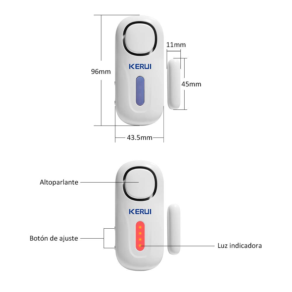 KERUI D2 Sensor de Alarma para Puertas y Ventanas con Sistema de Alarma inalámbrico para el hogar, 4 Zonas para el casa, Garaje, Oficina - 1 Alarma de Puerta - 1 Control Remoto - 4 sensores de Puerta