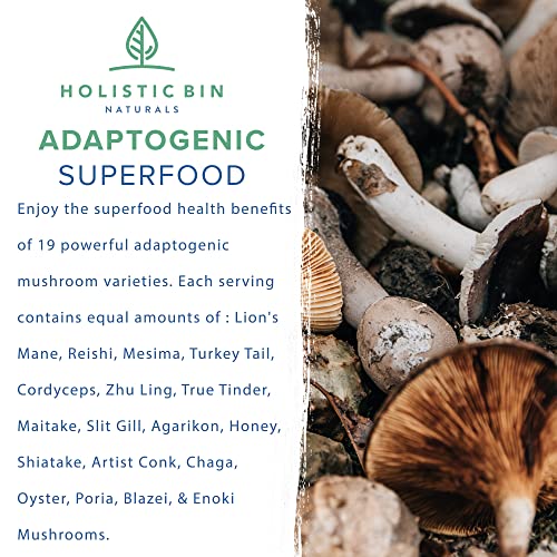 Holistic Bin Organic Mushroom Blend Powder 19 Wild Harvested Varieties (Lion's Mane, Reishi, Enoki, Mesima, Turkey Tail, Cordyceps, & More) | Adaptogenic Mushrooms Supplement | Made In The Usa #TOP2