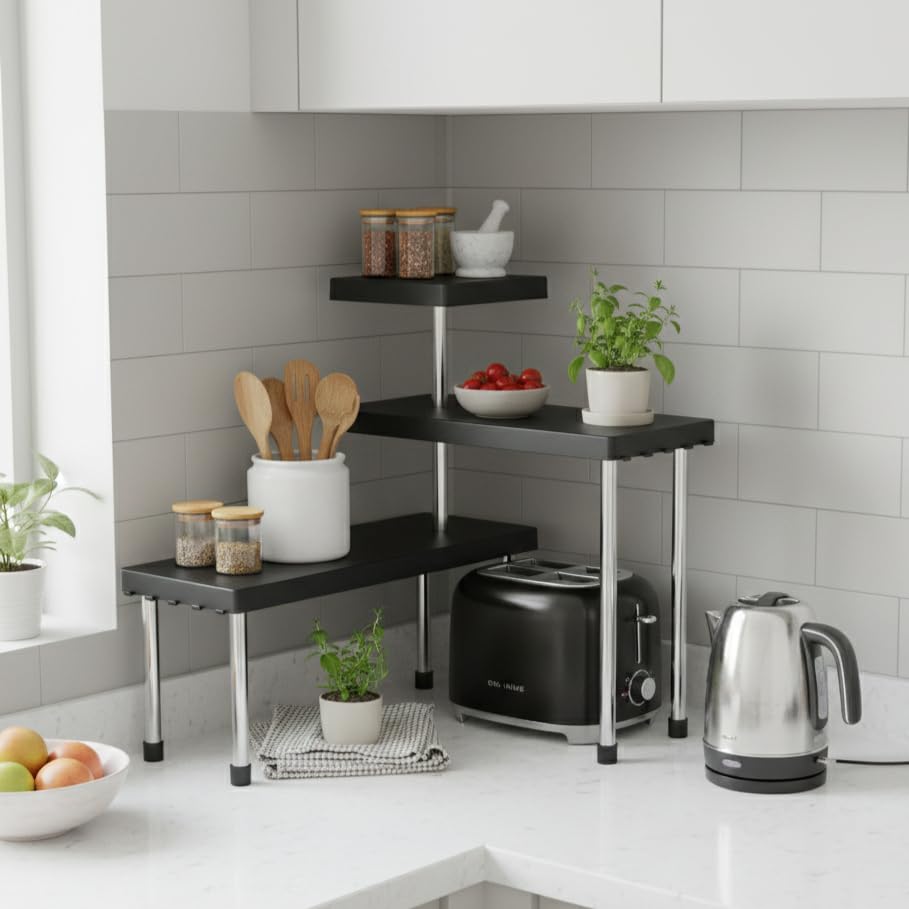 Image of U-Max 3-Tier Multipurpose Corner Kitchen Rack, 3 tier kitchen shelf, Space Saving Countertop Shelf Organizer for Spice Jars, Containers, Cups & Cooking Essentials (Black)