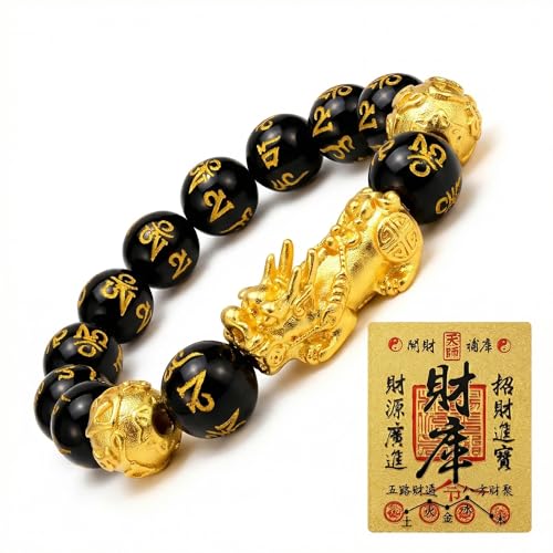 JLCunsola Feng Shui Bracelet Genuine Black Obsidian Bead, Lucky Buddha Amulet for Men Women, 24K Gold Plated Pixiu Attract Dragon Wealth & Protection, Money Chinese Good Fortune Elastic Healing Jewelry