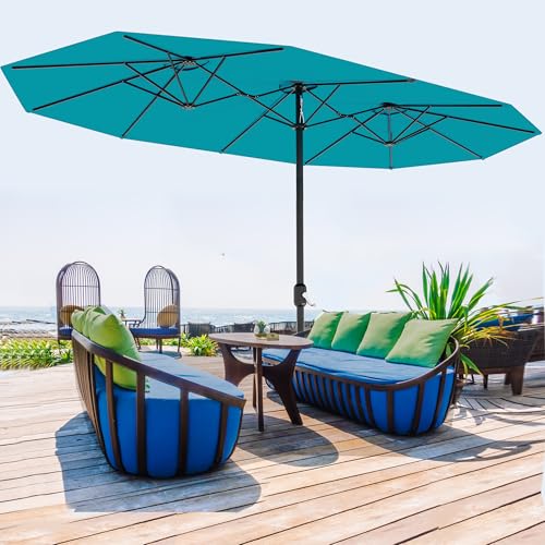 13FT umbrella outdoor patio,Double-Sided Rectangle Umbrella Oversized Shade for 2-6 People, Fade Resistant Canopy for Deck Pool Garden Backyard (Misty Blue, 13FT)