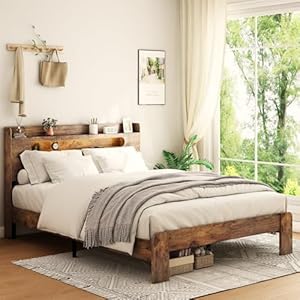 Wooden Queen Size Bed Frame with Storage Headboard, Rustic Farmhouse Platform Bed Frame Queen with Charging Station & LED Lights, 12 Wood Slats Support, No Box Spring Needed,Dark Brown