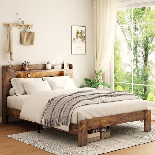 ivoros Wooden Queen Size Bed Frame with Storage Headboard Rustic Farmhouse Platform Bed Frame Queen with Charging Station & LED Lights 12 Wood Slats Support No Box Spring Needed Dark Brown