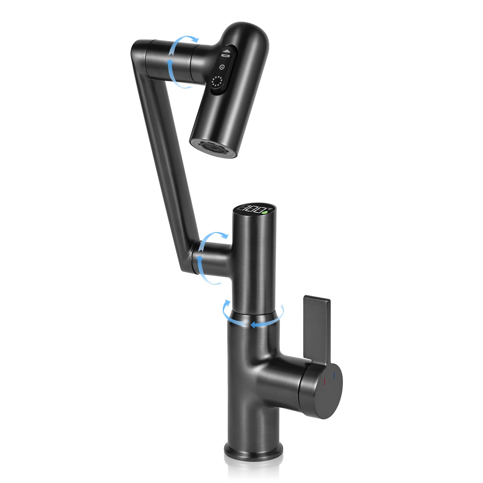 Bathroom Sink Faucet, Rotatable Black Bathroom Faucet, Fahrenheit Temperature Display 1080° Rotating Arm, Single Hole Widespread Faucet Bathroom for