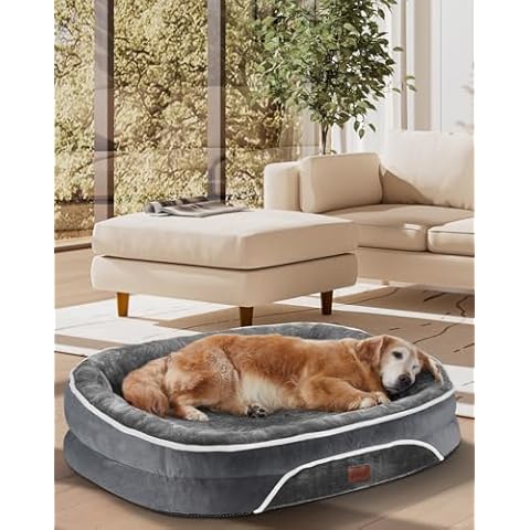 OhGeni Orthopedic Dog Bed for Large Dogs, Dog Couch Design with Egg Foam Support, Removable, Machine Washable Plush Cover and Non-Slip Bottom with Four Sided Bolster Cushion (Gray) Cover