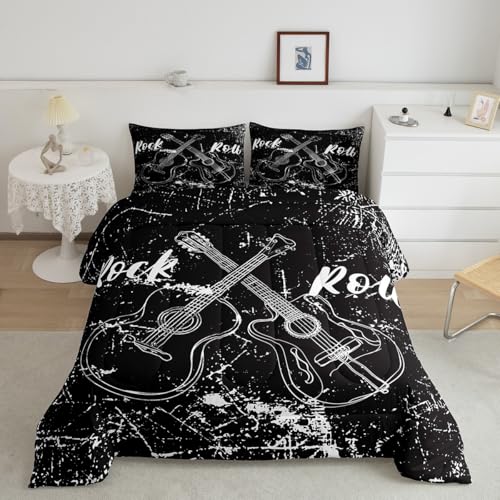 Castle Fairy Rock Roll Music Comforter Sets King Size,Guitar Instrument Bedding Comforters for Kids Boys Teens,Retro Abstract Graffiti Down Alternative with 2 Pillowcases