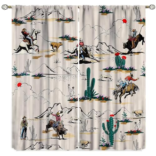 Image of Yearn Jear Vintage West Cowboy Curtains，Rustic Wild West Cowboy Ride Horse and Desert Cactus Window Treatments for Bedroom Living Room 42x45in Decor